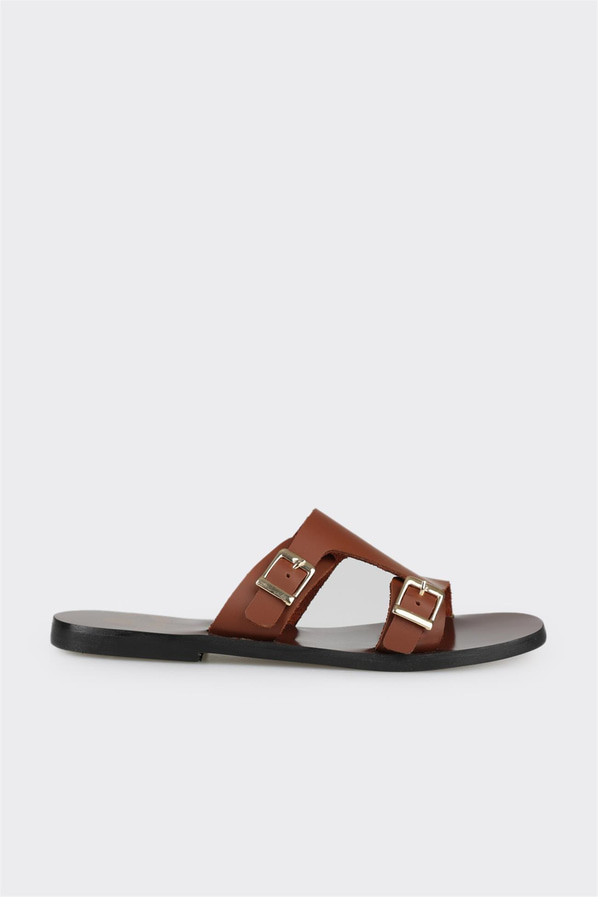 Taba deri düz kadın terlik - Elle Shoes