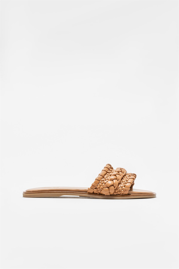 Taba deri düz kadın terlik - Elle Shoes