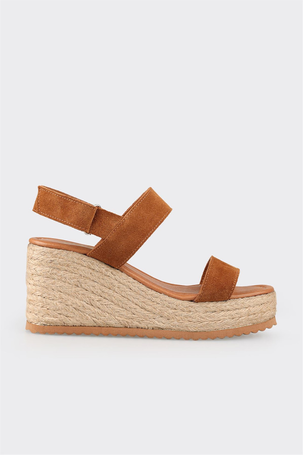 Taba deri ve hasır dokulu kadın espadril - Elle Shoes