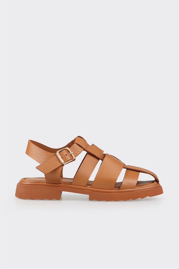 Taba deri düz kadın sandalet, rahat kullanım için - Elle Shoes