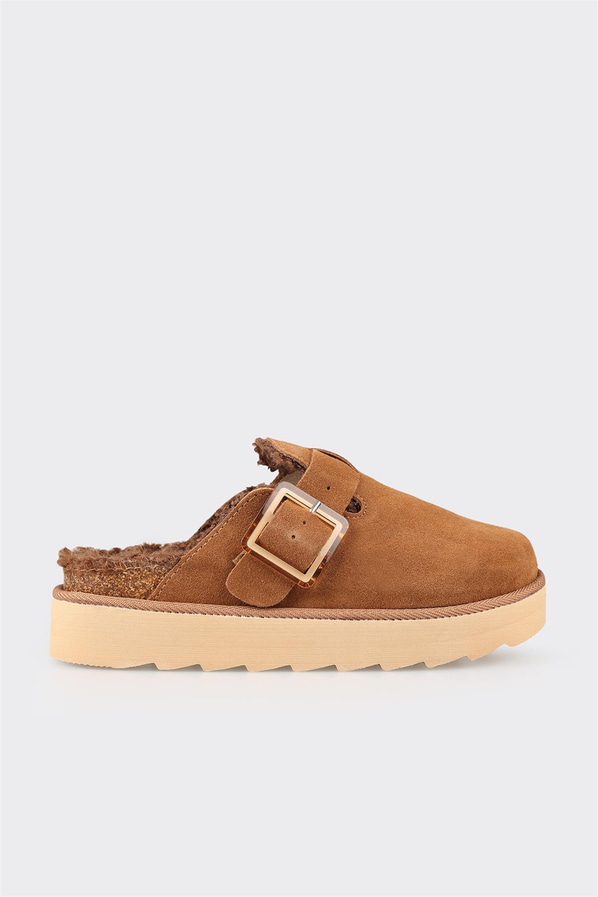 Taba deri düz yumuşak dokulu kadın terlik, rahat kullanım için - Elle Shoes