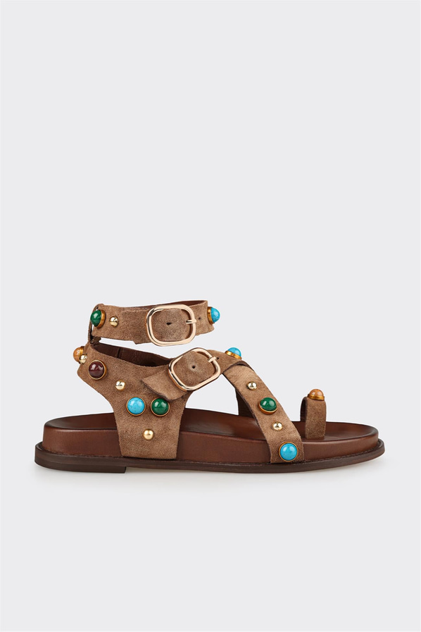 Taba deri düz örgü dokulu kadın sandalet, rahat kullanım için - Elle Shoes
