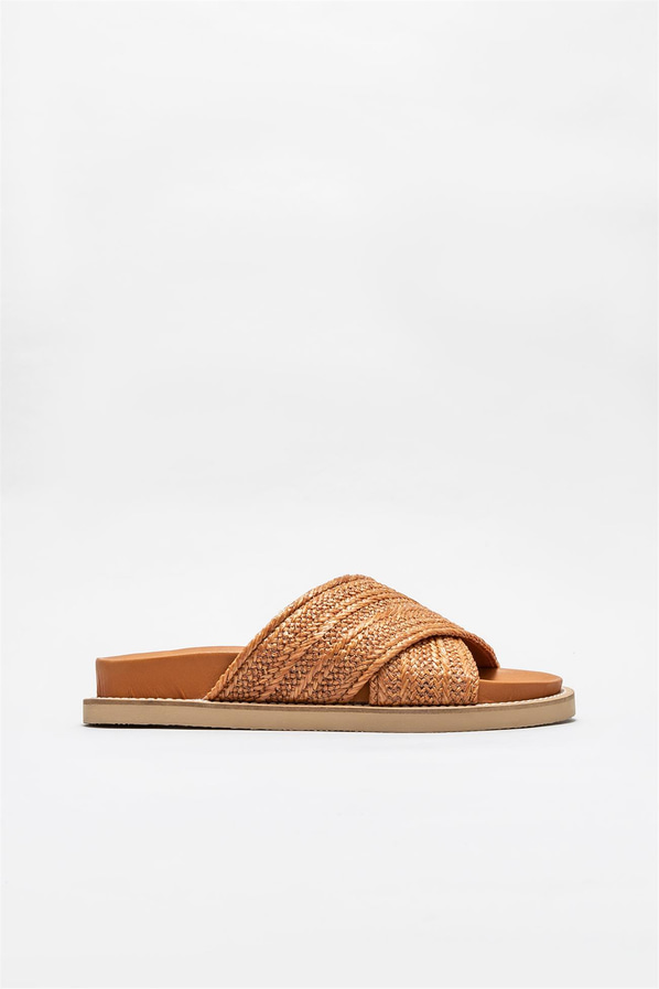 Taba deri kadın düz terlik - Elle Shoes