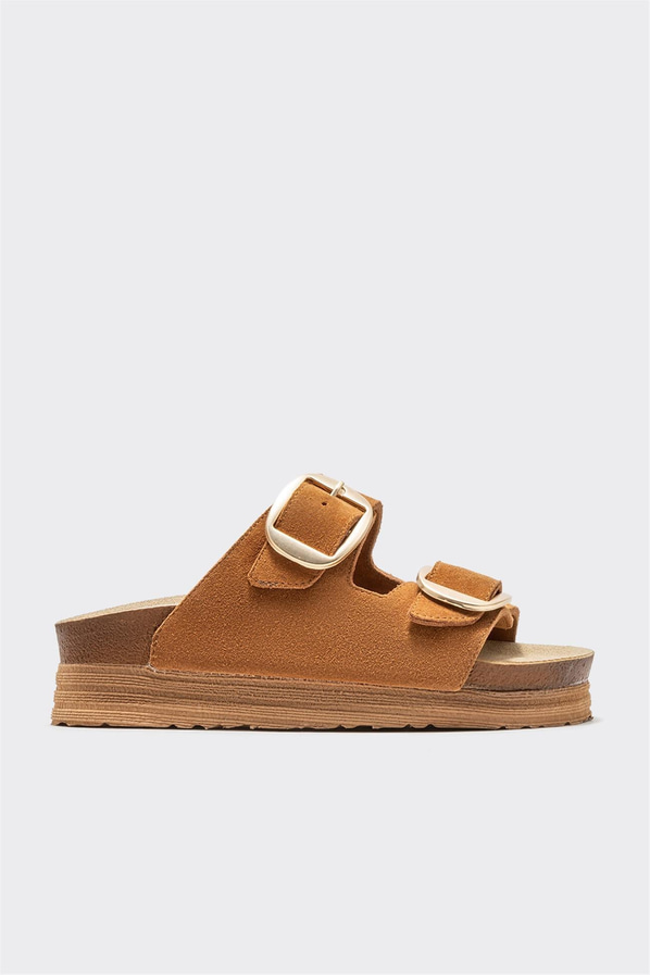Taba deri simli kadın düz terlik, rahat kullanım için - Elle Shoes