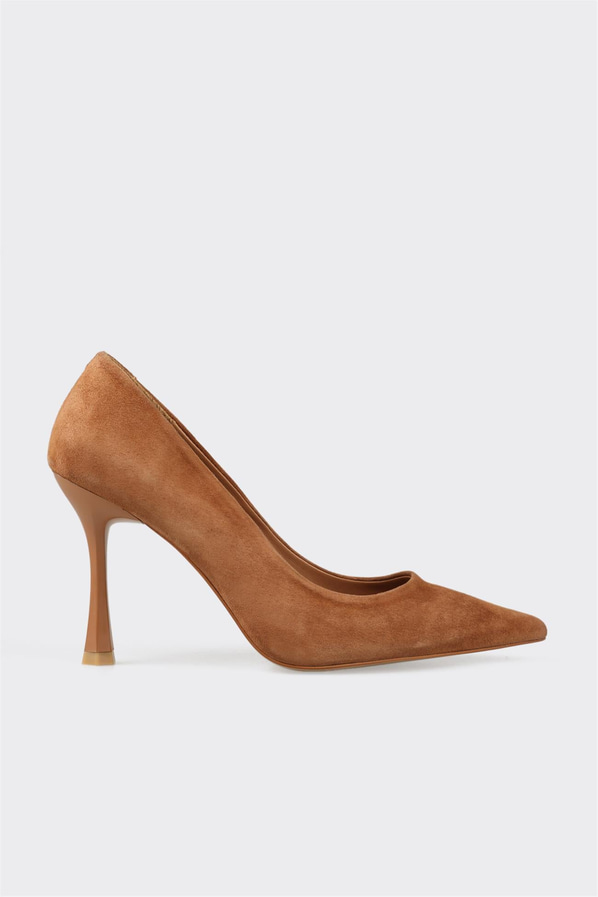 Taba kot mavisi deri ince topuklu kadın stiletto, ofis stili için - Elle Shoes