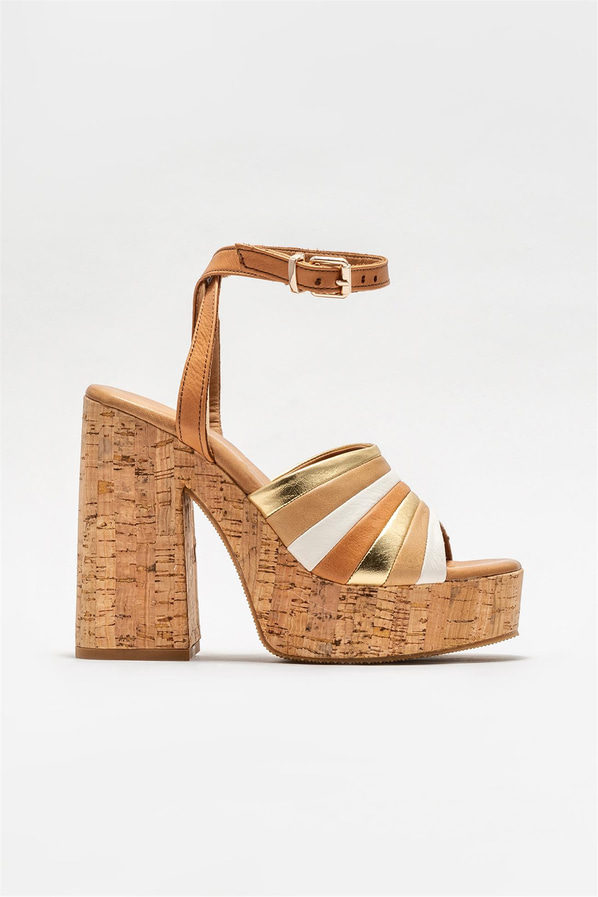 Taba deri topuklu kadın sandalet - Elle Shoes
