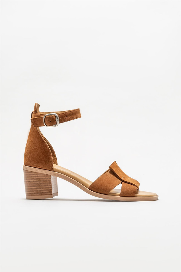 Taba deri simli topuklu kadın sandalet, rahat kullanım için - Elle Shoes