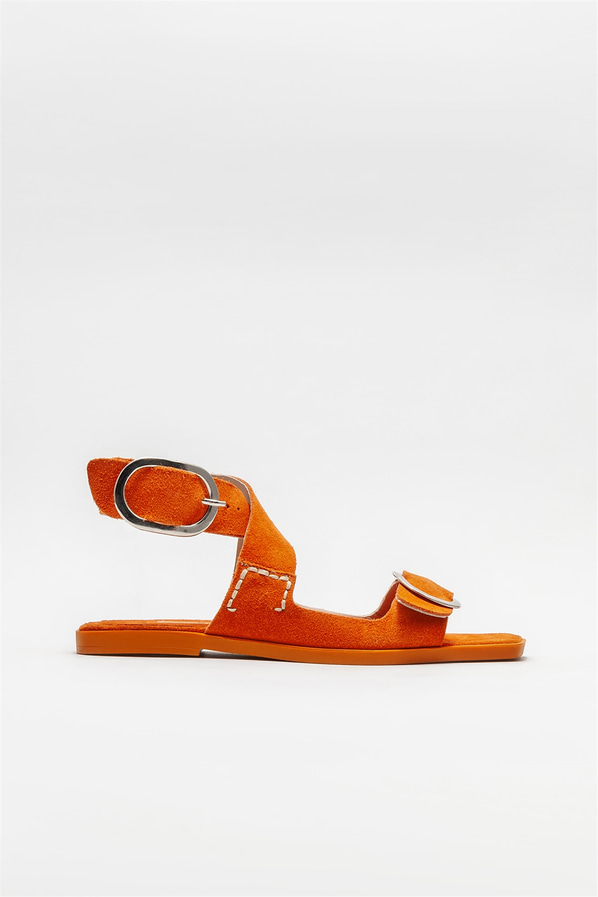 Turuncu deri düz kadın sandalet - Elle Shoes