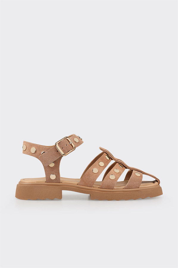 Vizon kot mavisi deri yumuşak dokulu örgü kadın düz sandalet, günlük kullanım için - Elle Shoes