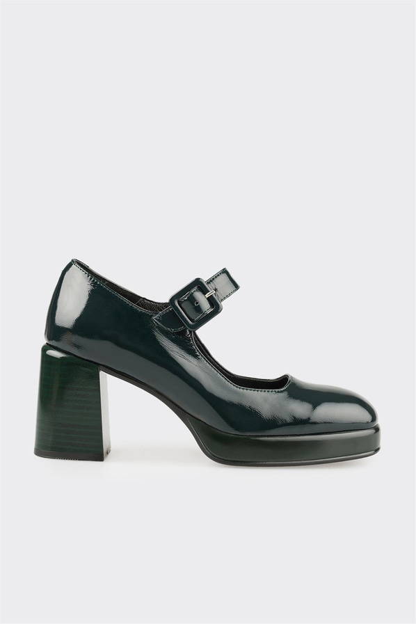 Yeşil deri kalın topuklu kadın ayakkabı, ofis stili için - Elle Shoes