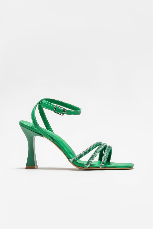 Yeşil simli topuklu kadın sandalet - Elle Shoes