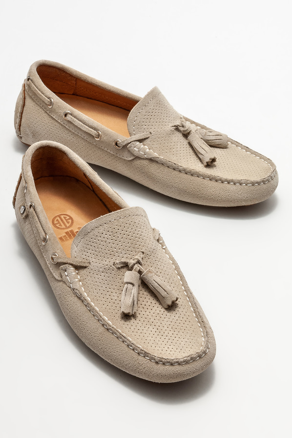 Bej deri erkek loafer, günlük kullanım için - Elle Shoes