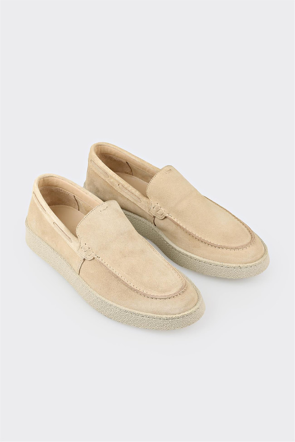 Bej deri ve süet simli düz erkek loafer, rahat kullanım için - Elle Shoes