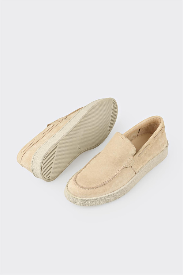 Bej deri ve süet simli düz erkek loafer, rahat kullanım için - Elle Shoes