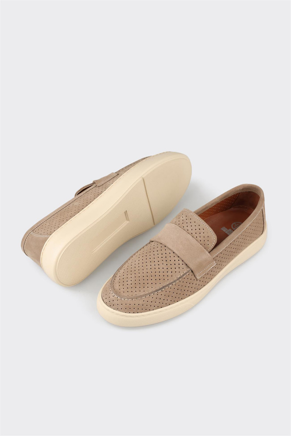 Bej deri ve süet erkek loafer, ofis stili için - Elle Shoes