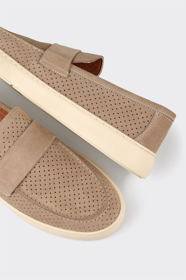 Bej deri ve süet erkek loafer, ofis stili için - Elle Shoes