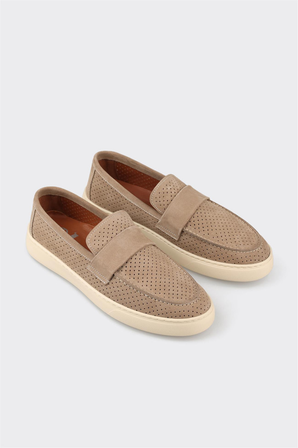 Bej deri ve süet erkek loafer, ofis stili için - Elle Shoes