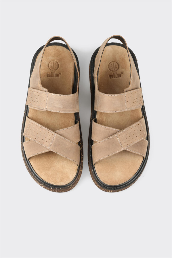Bej deri yumuşak dokulu örgü erkek sandalet, günlük kullanım için - Elle Shoes