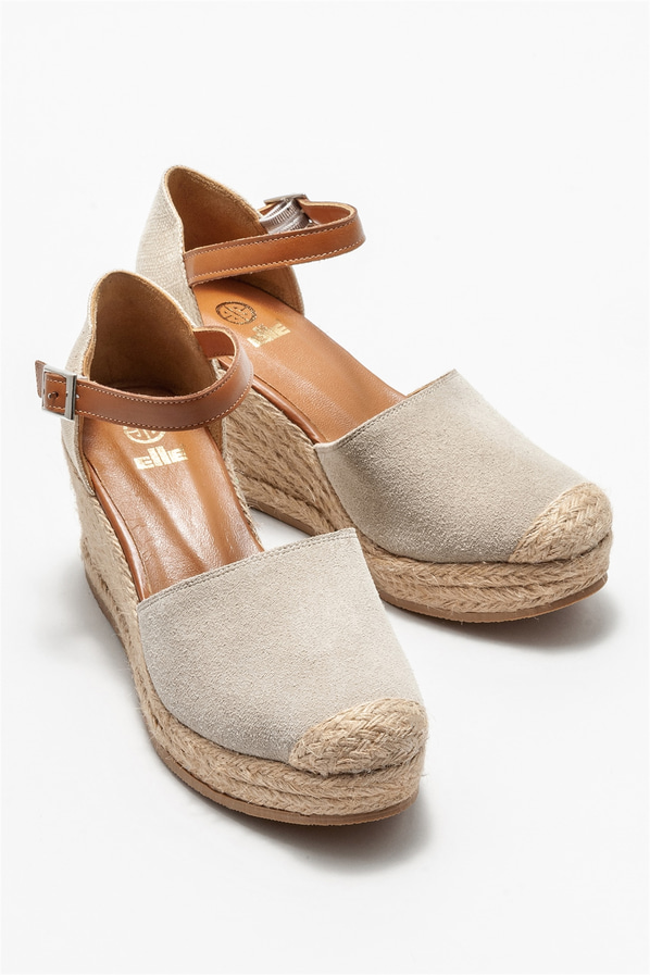 Bej deri dolgu topuklu kadın ayakkabı - Elle Shoes