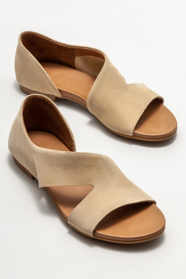 Bej deri düz kadın ayakkabı - Elle Shoes