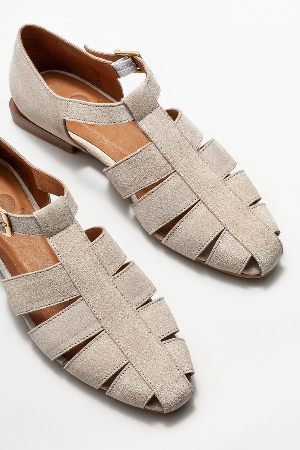 Bej deri düz kadın ayakkabı - Elle Shoes