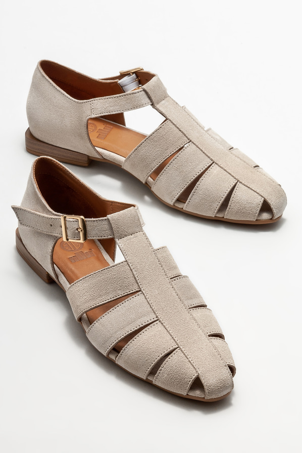 Bej deri düz kadın ayakkabı - Elle Shoes