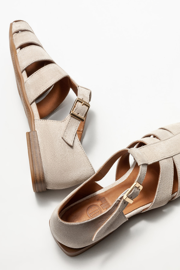 Bej deri düz kadın ayakkabı - Elle Shoes