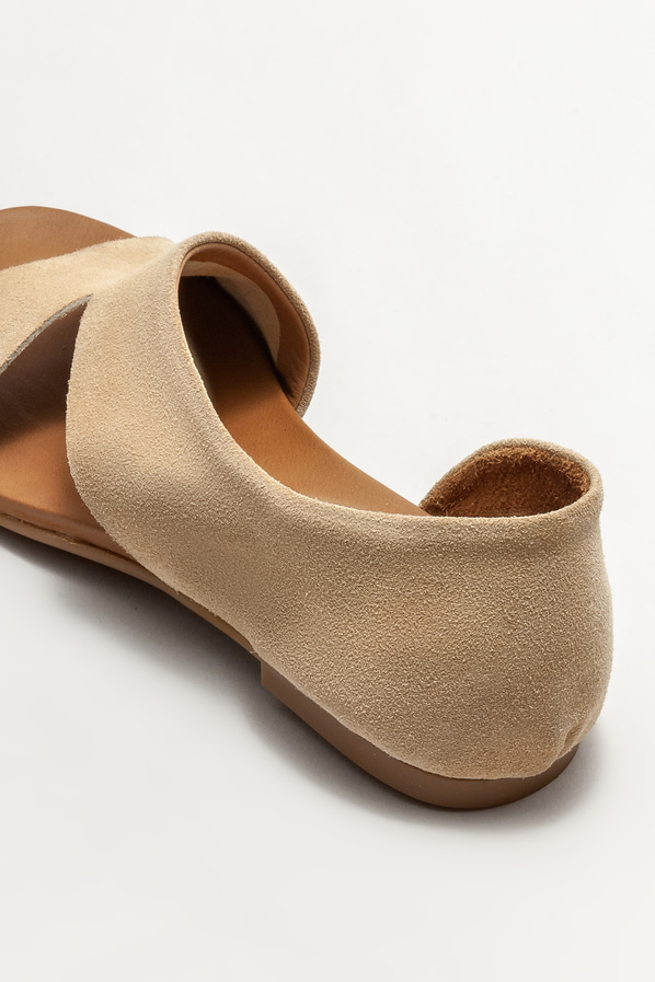 Bej deri düz kadın ayakkabı - Elle Shoes