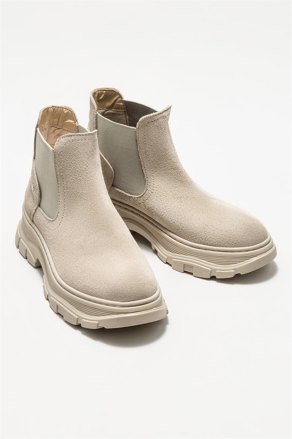 Bej deri düz kadın bot - Elle Shoes
