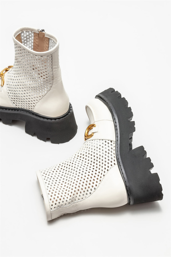Bej deri düz kadın bot - Elle Shoes