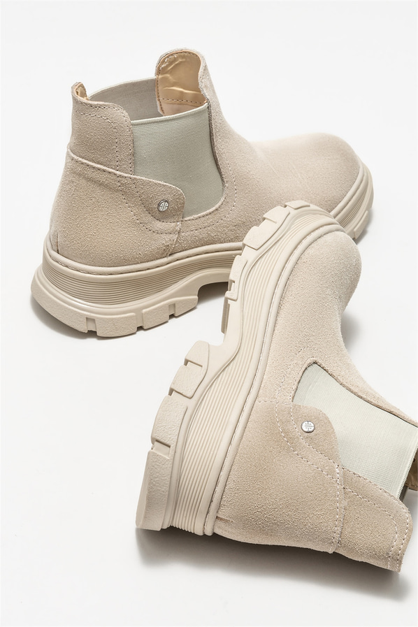 Bej deri düz kadın bot - Elle Shoes