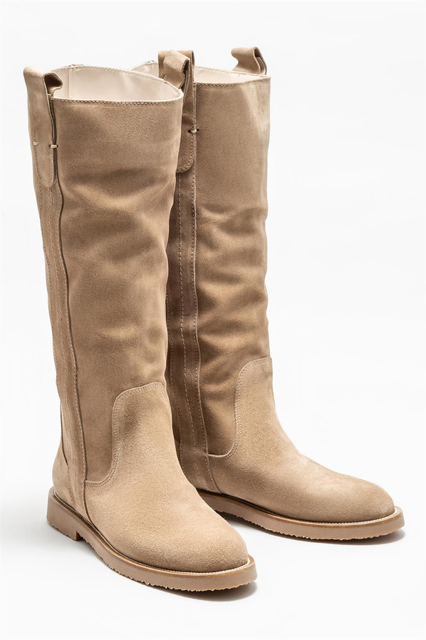Bej deri düz kadın çizme - Elle Shoes