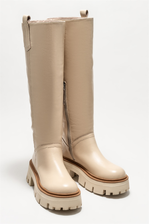 Bej deri düz kadın çizme - Elle Shoes