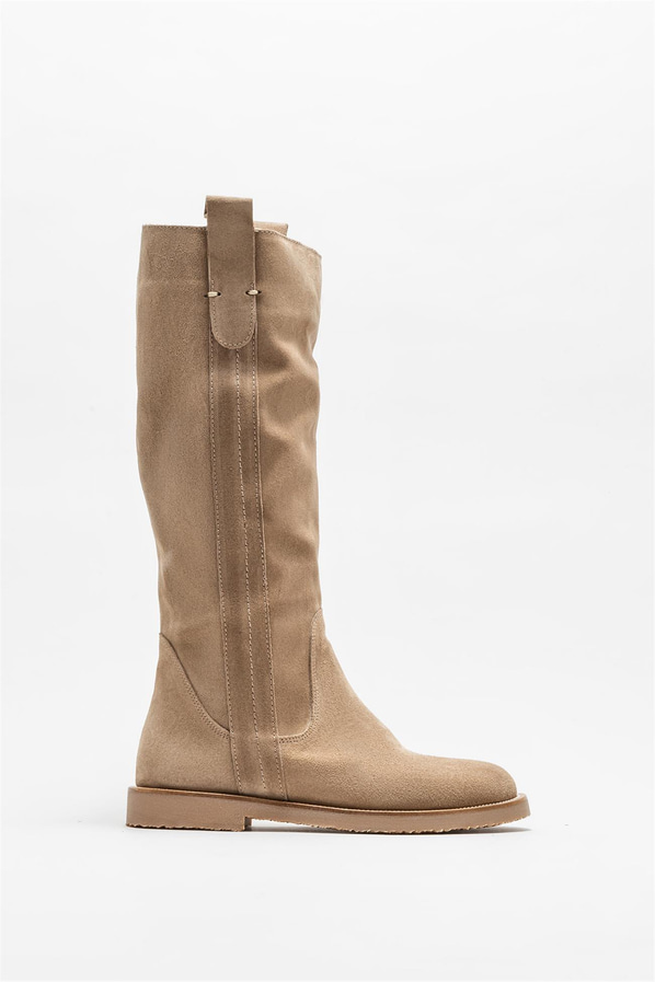 Bej deri düz kadın çizme - Elle Shoes