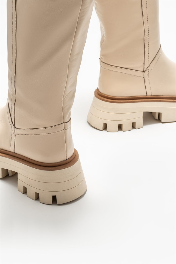 Bej deri düz kadın çizme - Elle Shoes