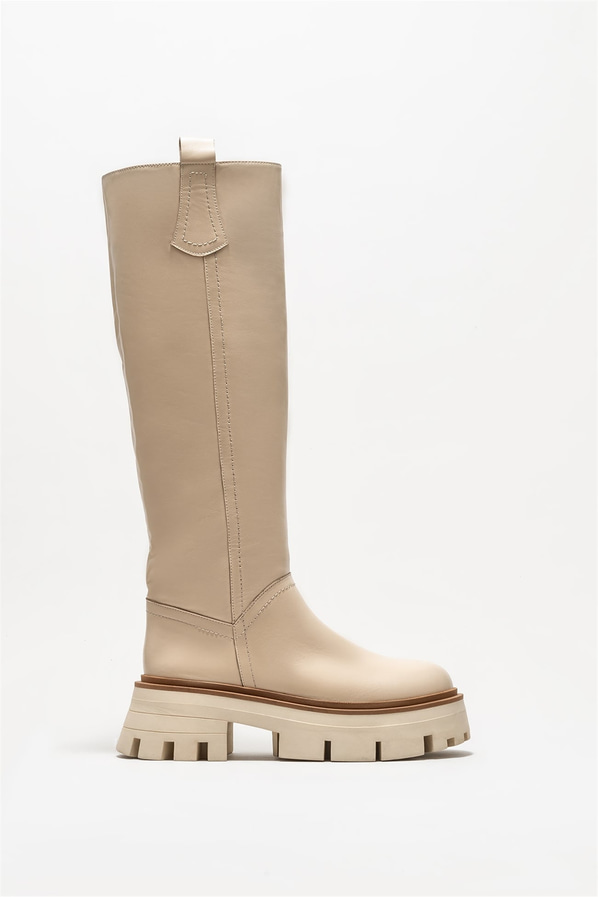 Bej deri düz kadın çizme - Elle Shoes