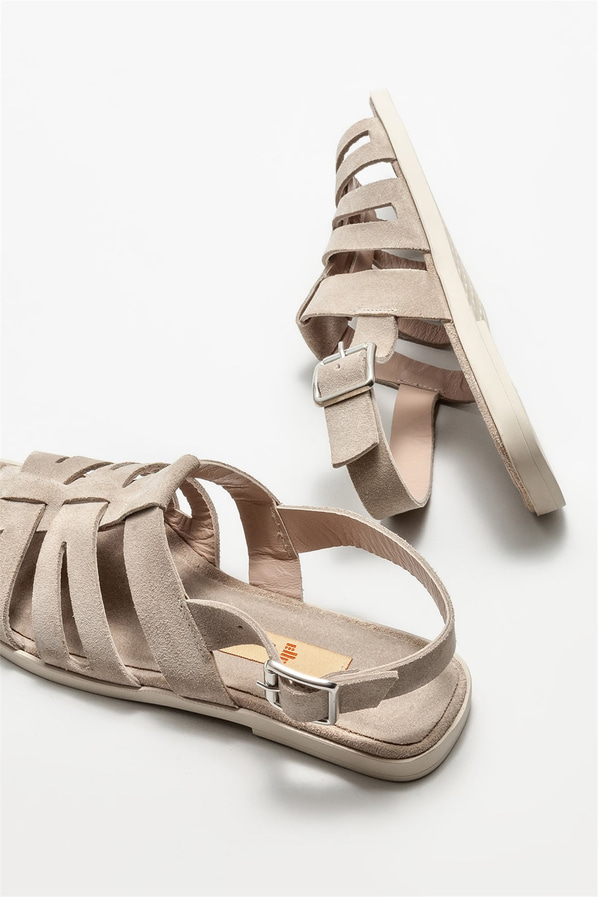 Bej deri düz kadın sandalet - Elle Shoes