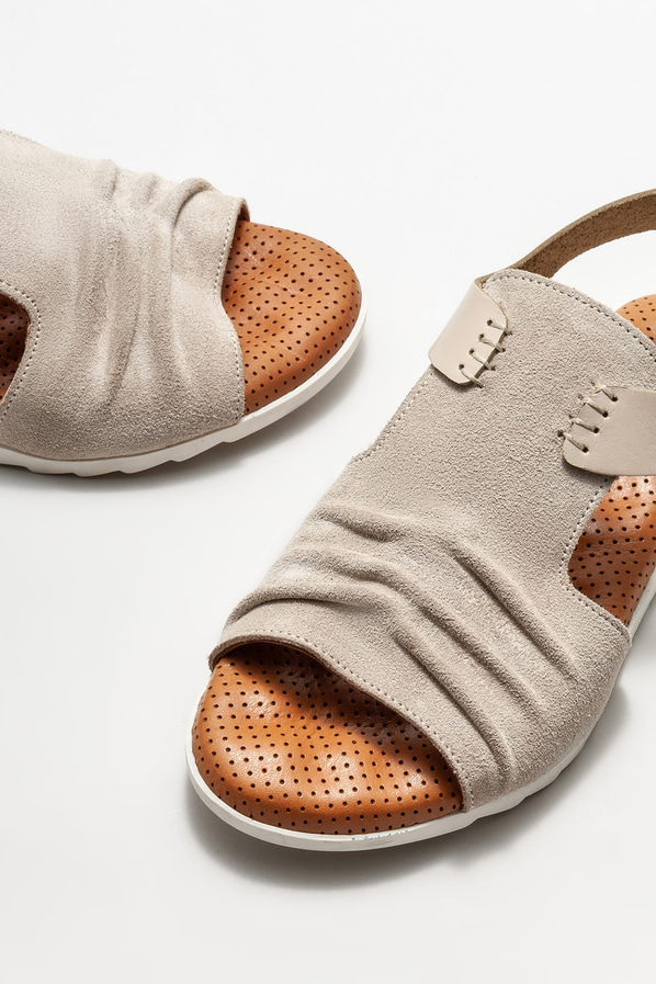 Bej deri düz kadın sandalet - Elle Shoes
