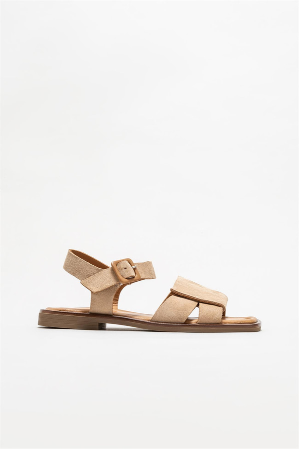 Bej deri düz kadın sandalet, rahat kullanım için - Elle Shoes