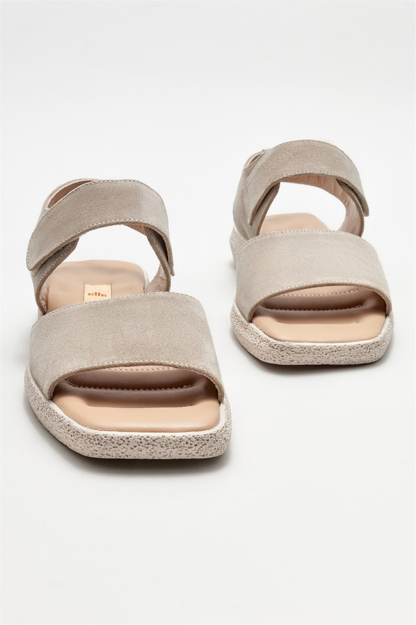 Bej deri düz kadın sandalet - Elle Shoes