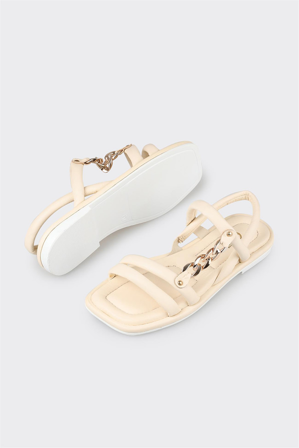 Bej deri düz zincir detaylı kadın sandalet, rahat kullanım için - Elle Shoes