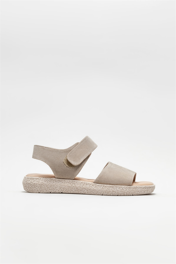 Bej deri düz kadın sandalet - Elle Shoes