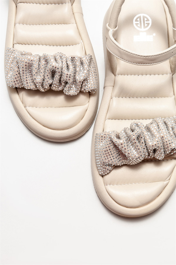 Bej deri düz kadın sandalet - Elle Shoes