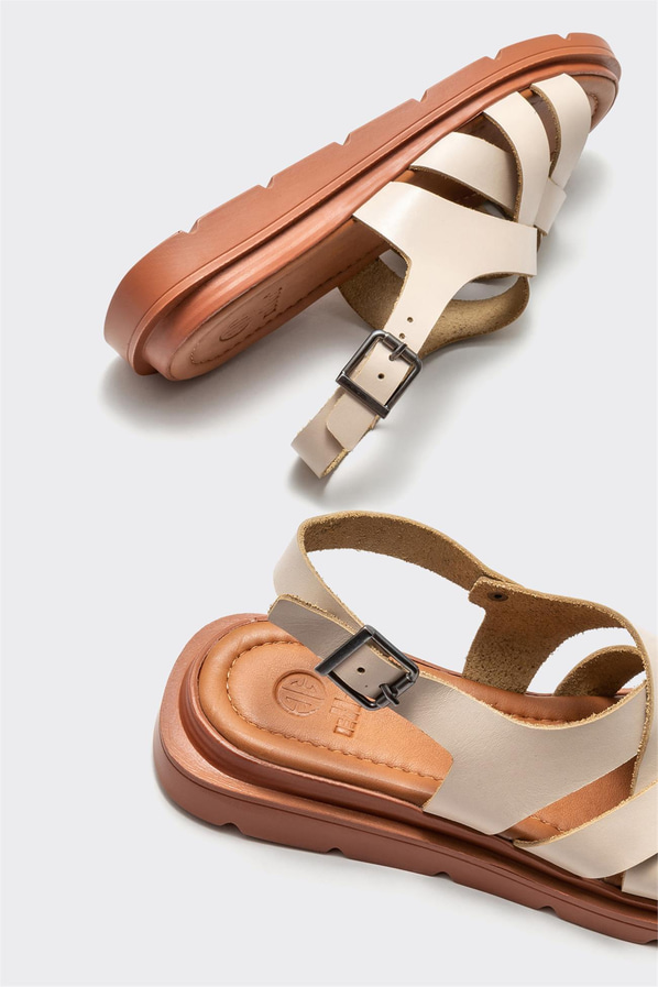 Bej deri düz kadın sandalet - Elle Shoes