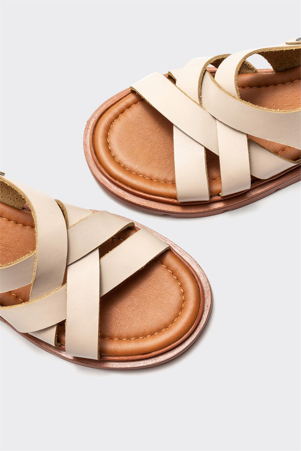 Bej deri düz kadın sandalet - Elle Shoes