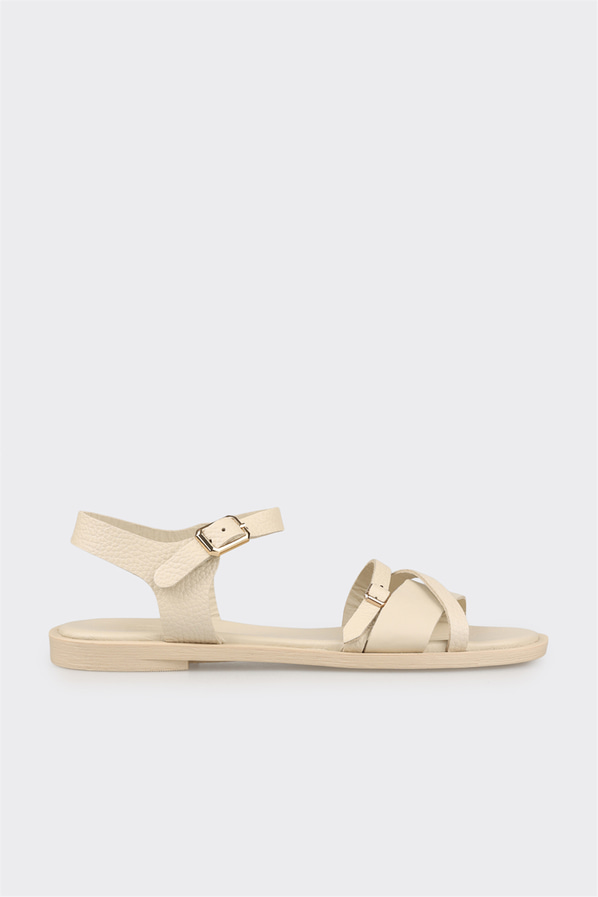 Bej deri düz kadın sandalet - Elle Shoes