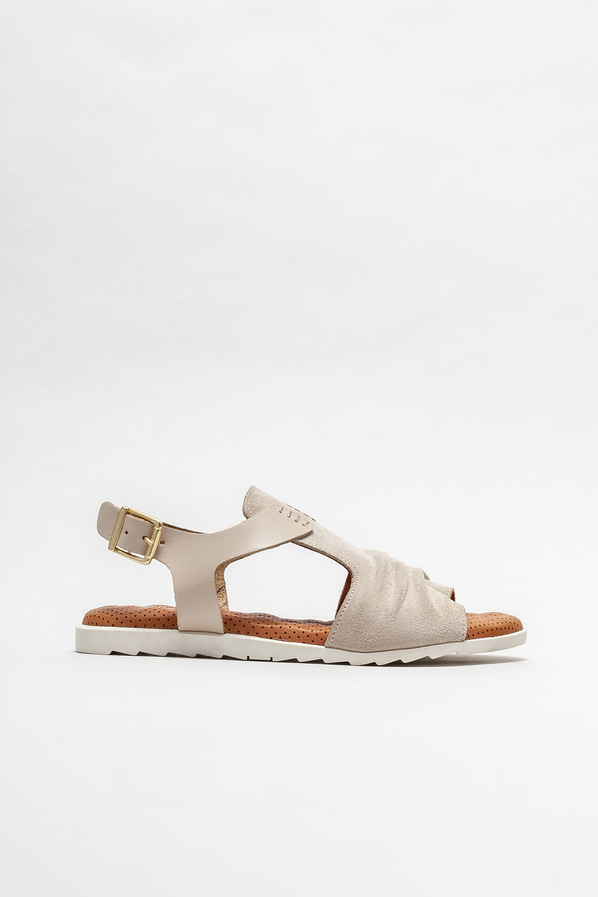 Bej deri düz kadın sandalet - Elle Shoes