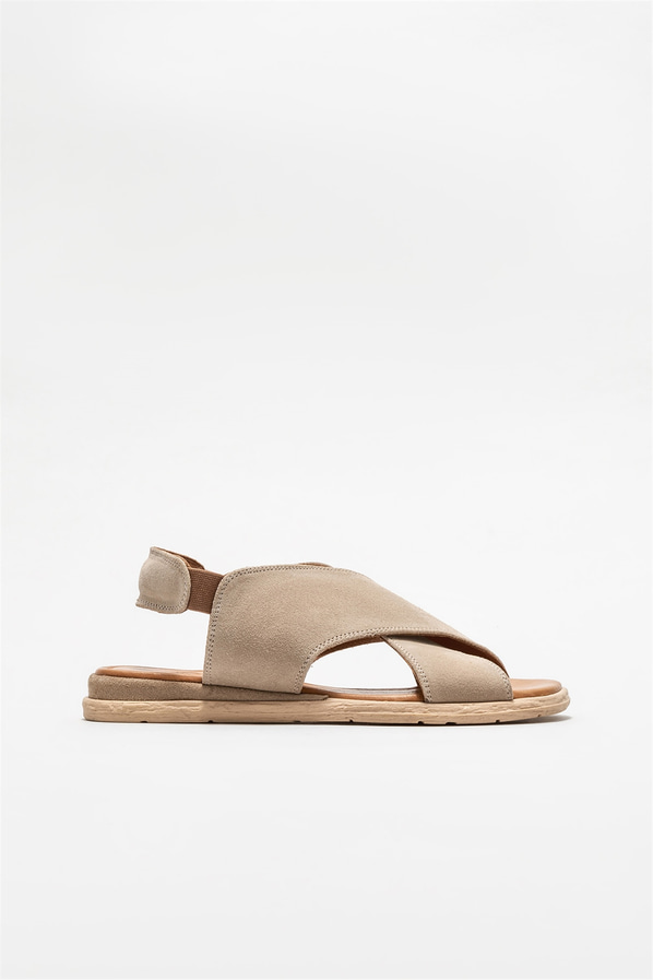 Bej deri düz kadın sandalet - Elle Shoes