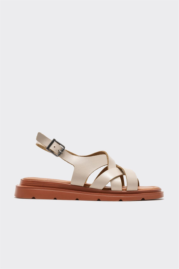 Bej deri düz kadın sandalet - Elle Shoes