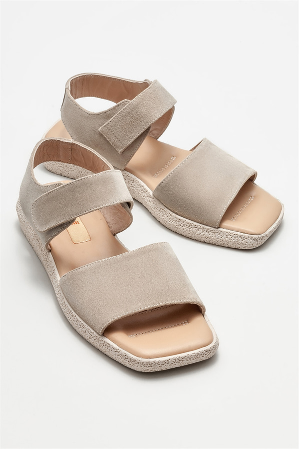 Bej deri düz kadın sandalet - Elle Shoes